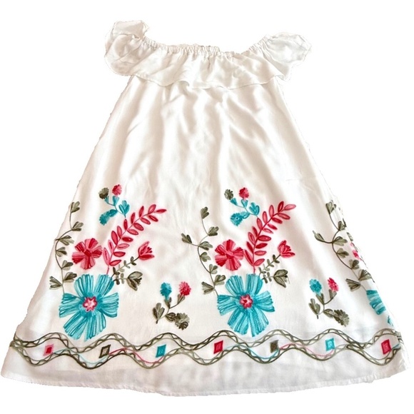 Candalite Boho Off-the Shoulder Embroidered Floral White Rayon Dress; Lined; Med - Picture 1 of 6